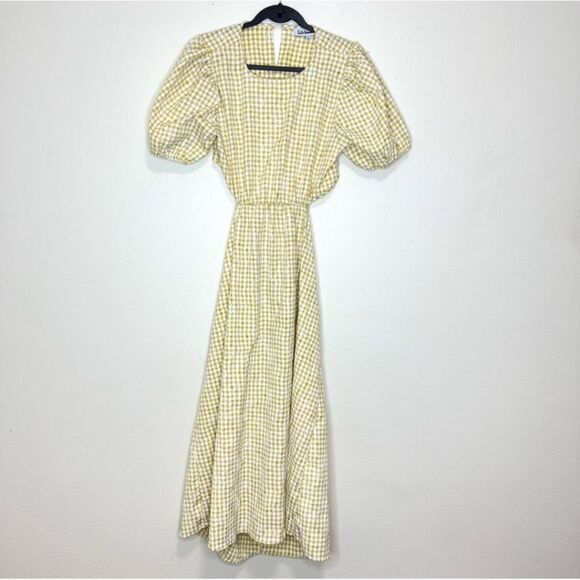 Anthropologie En Saison Gingham Floral Yellow Kanika Puff Sleeve Midi Dress L - Picture 7 of 7